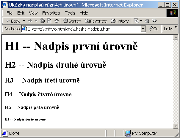 Ukázka všech šesti úrovní nadpisů
