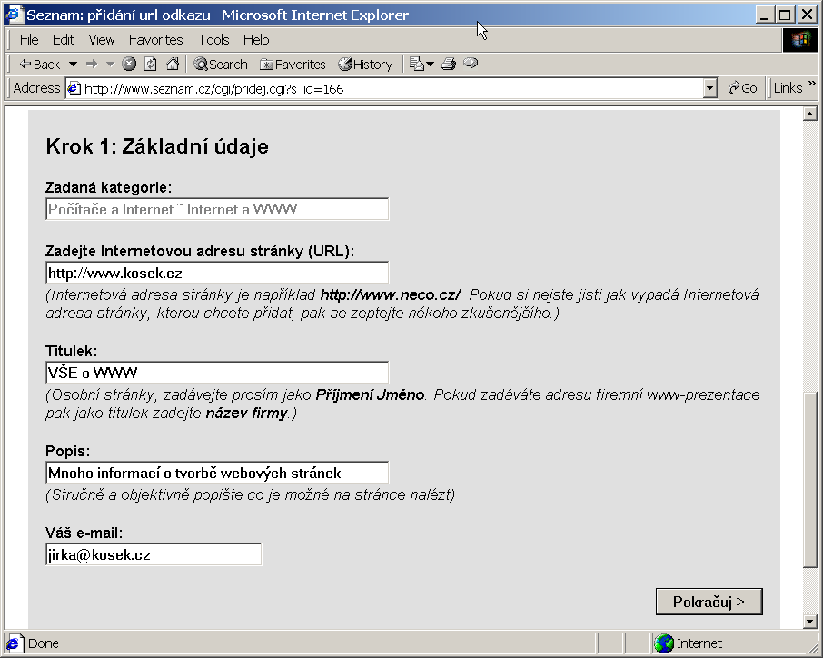 Požadavek na přidání stránky do katalogu Seznamu
