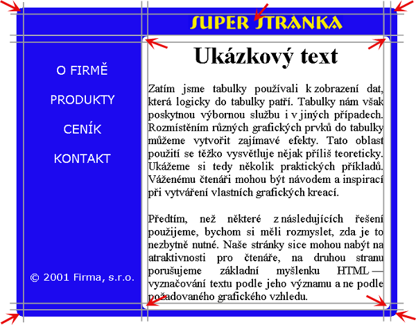 Rozdělení obsahu stránky do buněk tabulky